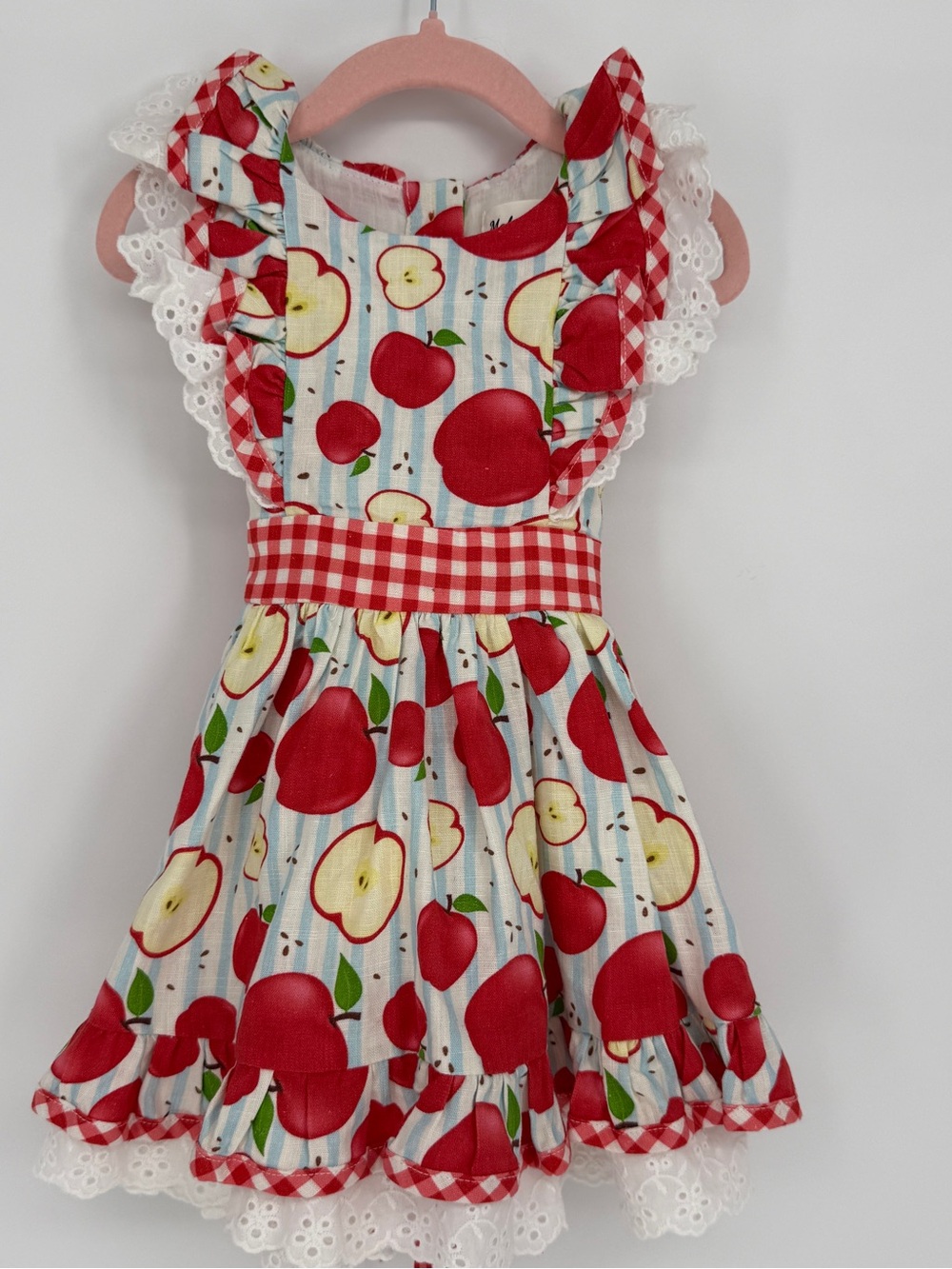 Makena Lane "A is for Apple" Pinafore Dress Size 3 (3T) Eyelet Ruffle Gingham